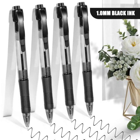 100 Pack Bulk Black Ink Click Pens With Soft Comfort Grip For Office And School Featuring Retractable Design And Zero Bleed Technology Solid Pen Set With Slick 1.0mm Medium Tips That Glide Smooth As Butter For Daily Writing Tasks, displayed with writing samples.