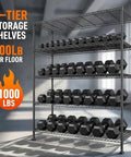 Five Tier Heavy Duty Wire Storage Shelves For Garage, Space Saving Unit With 1000 Lbs Capacity, Wide 45.8 Inch Shelving Rack, Easy Move Through Doorways, Sturdy Metal Garage Organizer For Tools, Supplies, And More, black steel wire shelf with dumbbells