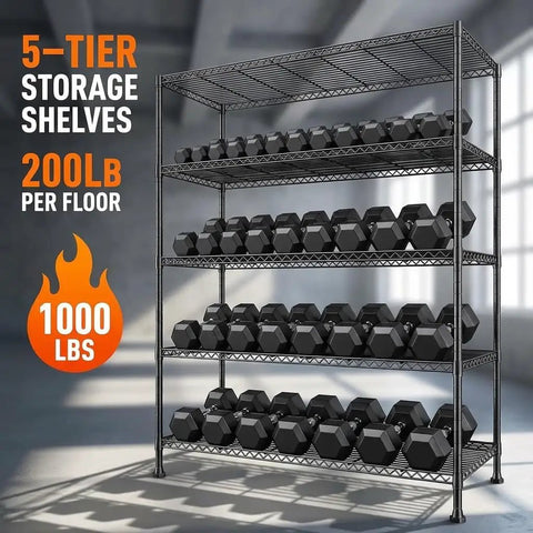 Five Tier Heavy Duty Wire Storage Shelves For Garage, Space Saving Unit With 1000 Lbs Capacity, Wide 45.8 Inch Shelving Rack, Easy Move Through Doorways, Sturdy Metal Garage Organizer For Tools, Supplies, And More, black steel wire shelf with dumbbells
