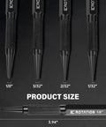 Top Shelf Four Piece Nail And Center Punch Set With Crisp Size Etchings For 1 32 1 16 3 32 And 1 8 Inches black coated metal shafts with size labels.