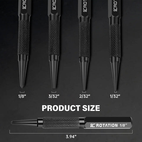 Top Shelf Four Piece Nail And Center Punch Set With Crisp Size Etchings For 1 32 1 16 3 32 And 1 8 Inches black coated metal shafts with size labels.