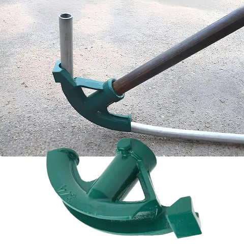 Lwuey Steel Pipe Bender Port Aluminum Cast Tube Bending Tool showing curved bender with pipe, suitable for heavy duty use.