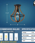 Set Of 3 Rustic Farmhouse Semi Flush Mount Ceiling Lights, 1 Light Each, Black Finish With Brown Handmade Details, dimensions and specifications shown.