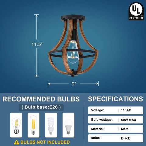 Set Of 3 Rustic Farmhouse Semi Flush Mount Ceiling Lights, 1 Light Each, Black Finish With Brown Handmade Details, dimensions and specifications shown.