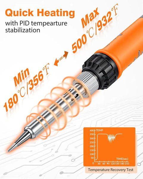 100W High Power Soldering Iron Kit With LCD Display showing temperature range and quick heat up feature with PID stabilization.