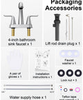 2 Handle 4 Inch Centerset Bathroom Sink Faucet With Lift Rod Drain Stopper Lead Free Brushed Nickel Lavatory Vanity Faucet Easy Install For 3 Hole Basin Modern Heavy Duty Basin Mixer Tap packaging accessories