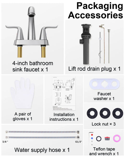 2 Handle 4 Inch Centerset Bathroom Sink Faucet With Lift Rod Drain Stopper Lead Free Brushed Nickel Lavatory Vanity Faucet Easy Install For 3 Hole Basin Modern Heavy Duty Basin Mixer Tap packaging accessories