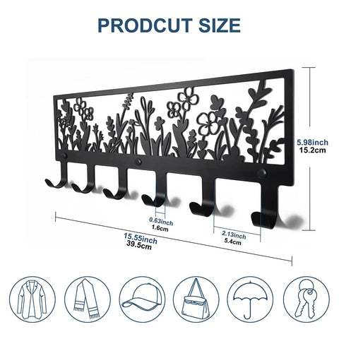 Floral Wall Mounted Coat Rack With Six Hooks In Matte Black Metal for coats hats bags keys towels and more, product dimensions displayed.