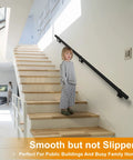 Rock Solid Steel Staircase Handrail Six And A Half Feet Long No Sweat Wall Mount Indoor Safety Railing With Grippy Matte Black Coating For Industrial Style Home Projects, kid on stairs.