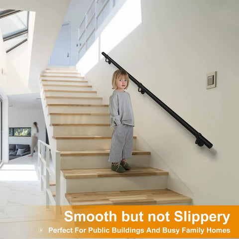 Rock Solid Steel Staircase Handrail Six And A Half Feet Long No Sweat Wall Mount Indoor Safety Railing With Grippy Matte Black Coating For Industrial Style Home Projects, kid on stairs.