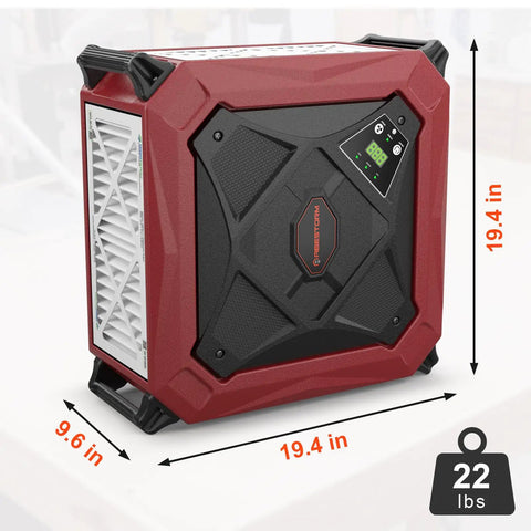 Front view of Beast Mode 270 Degree Air Filtration System With Built In Ionizer And 1080 CFM Dust Collector, dimensions shown.