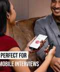 Woman recording with Ultra Compact Dual Channel USB Audio Interface For PC Mac iPhone iPad And Android during an interview