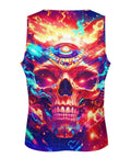 Killer Mens Sleeveless Tank Top Featuring Dope Neon Wolf And Flame Mechanical Skull Graphic Summer Muscle Tee rear view with vibrant design.