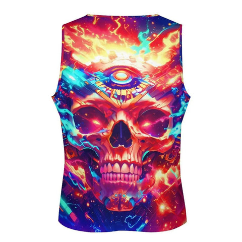 Killer Mens Sleeveless Tank Top Featuring Dope Neon Wolf And Flame Mechanical Skull Graphic Summer Muscle Tee rear view with vibrant design.