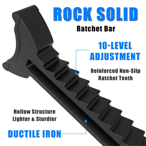 Close-up of Beefy 3 Ton Double Locking Steel Jack Stands 2 Pack For Vehicle Lifts, adjustable ratchet bar with non-slip teeth.