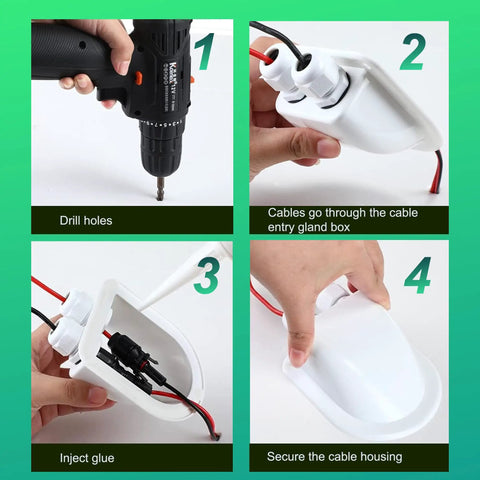 Installation steps for Weatherproof Double Cable Entry Gland for RV Roof Solar Junction Box with UV Resistant ABS Housing.