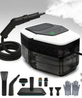 Supercharged Portable Handheld Steam Cleaner With Lightning Fast Fifteen Second Heat Up That Blasts Away Stubborn Grease And Gunk Instantly While Delivering Four Bar Pressure For Spotless Surfaces with accessories and hose.