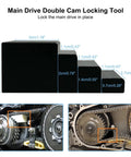 Qnbes main drive double cam locking tool; front diagram and installed close-ups for Harley Twin Cam.