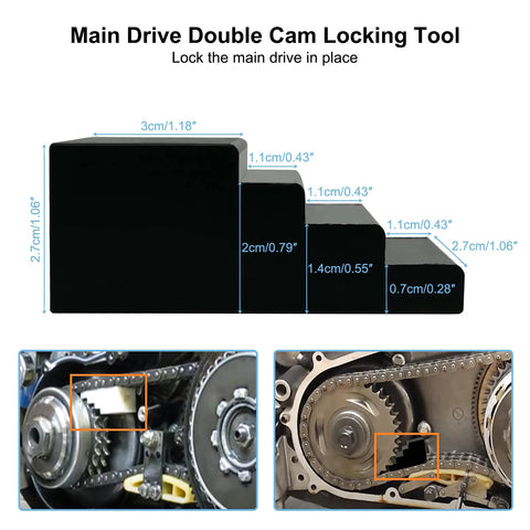 Qnbes main drive double cam locking tool; front diagram and installed close-ups for Harley Twin Cam.