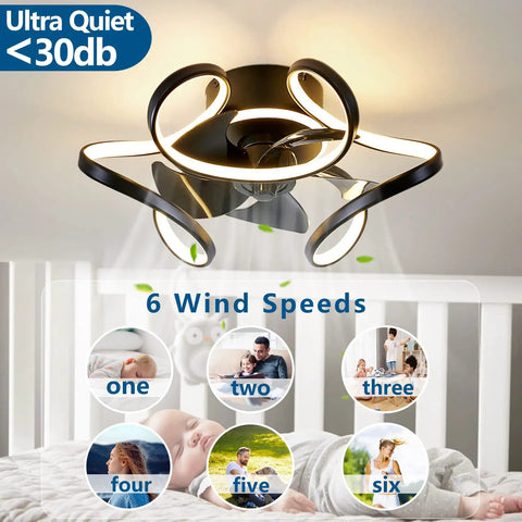 2 In 1 Bladeless Ceiling Fan With Lights Remote Control For Living Room And Kitchen, low noise, 6 speeds, geometric design.
