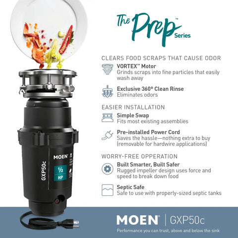 Pro Series Half Horsepower Continuous Feed Garbage Disposal For Kitchen Sink With 2600 RPM Vortex Motor And Power Cord Compact Design And Easy Install For Lightning Fast Grinding