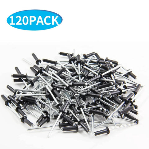 Pile of black and silver rivets from Aluminum Blind Rivet Kit 120 Pcs 5/32 Inch By 5/16 Inch Pop Rivets Assortment for metalworking.