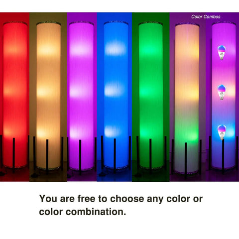 61 Inch RGB LED Floor Lamp With Remote Dimmer And Three Smart Bulbs Color Changing Modern Standing Lamp For Living Room Bedroom And Kids Room Easy Assembly And Cozy Ambience showing color options.
