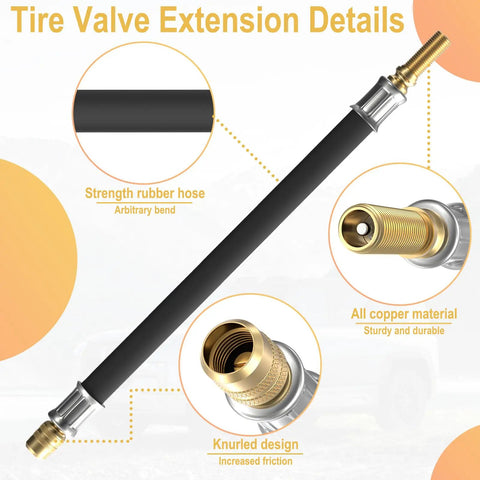 Flexible Tire Valve Extender Kit 8.25 Inch 90 Degree Schrader Adapter Universal Valve Stem Extension details with features