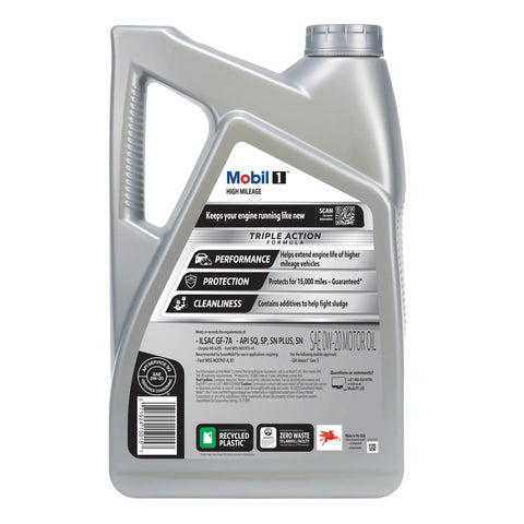 Top Shelf High Mileage Full Synthetic Motor Oil In 0W-20 Viscosity With 5 Quart Container showcasing gray plastic jug with information label.