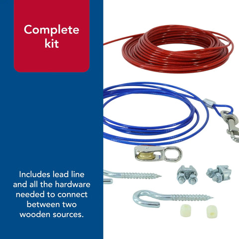 Complete kit of Titan Aerial Dog Run For Backyard Freedom A Heavy Duty Tie Out Cable System for outdoor play with all hardware included