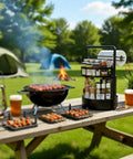 Rotating Spice Rack With Paper Towel Holder No Fuss Two Tier Lazy Susan For Spices Iron Kitchen Organizer outdoors on picnic table