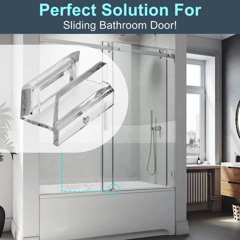 Sliding Shower Door Bottom Guide For Top Hung Glass Doors 3/8 Inch Channel, clear plastic, bathroom track in modern bathroom setting.