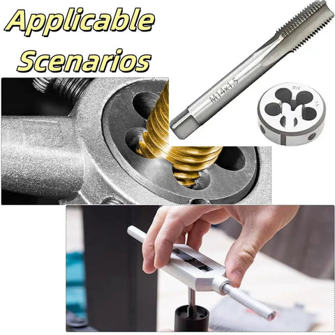 Visible are a Workhorse M14 X 1.5 Tap And Die Set with round die and tap tool, showcasing usage in threading a metal component.
