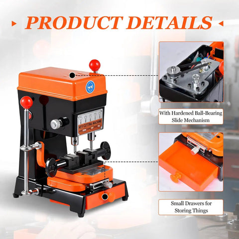 Badass Vertical Cutter And Duplicator Machine With Adjustable Speed Drill Bits For Precision Metal Grooving And No Sweat Door Car Duplication Runs On 110 Or 220 V Plug In Easy Setup, featuring hardened ball-bearing slide mechanism and storage drawers.