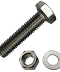 Front view of a 1/4-20 x 1 in stainless steel hex bolt with nut and washer