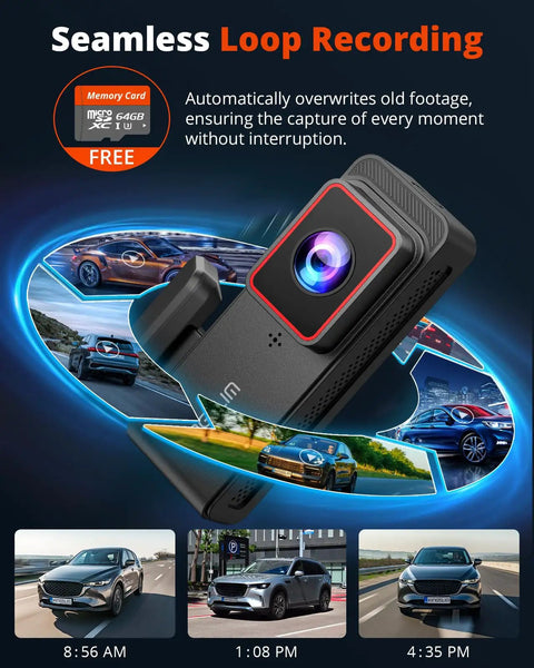 Dual 2K Front And Rear Dash Cam With 64GB SD Card Wireless WiFi Car Camera showcasing seamless loop recording feature.