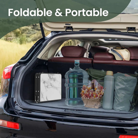 Compact Foldable Camping Table Two Foot For Picnic displayed in car trunk with gear