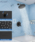 8 Inch Round Rainfall Shower Head Matte Black Shower Faucet Set With SUS304 Stainless Steel Trim Kit, Single Handle Valve, Wall Mount System With Female Thread Connections