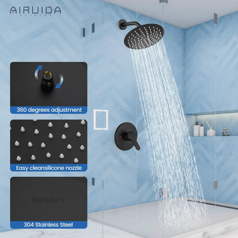 8 Inch Round Rainfall Shower Head Matte Black Shower Faucet Set With SUS304 Stainless Steel Trim Kit, Single Handle Valve, Wall Mount System With Female Thread Connections