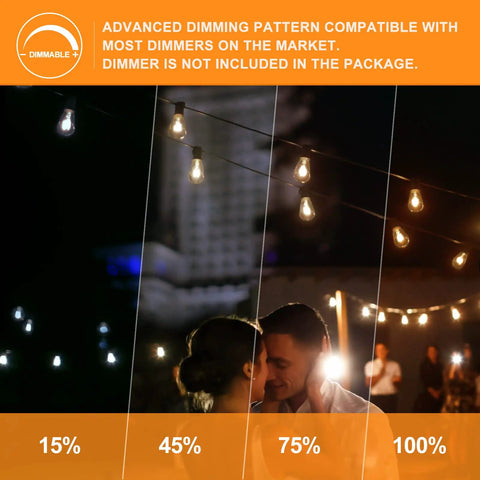 100Ft Outdoor LED String Lights Dimmable Patio Lights with Shatterproof ST38 Vintage Bulbs 2200K at various dim settings