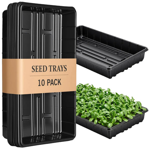 No Holes Seedling Trays Set with 10 Durable Pro Grade Plant Trays Measuring 17 Inch By 11 Inch, ideal for seed starting.