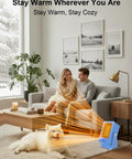Portable Indoor Space Heater For Desk And Office, 2-Second PTC Fast Heating in living room with couple and dog, blue unit