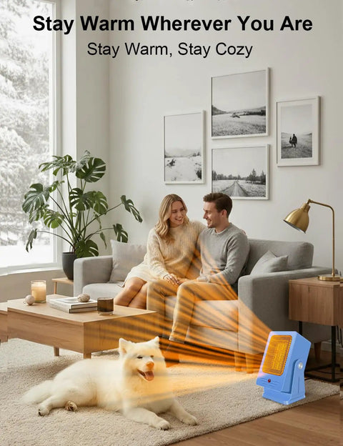 Portable Indoor Space Heater For Desk And Office, 2-Second PTC Fast Heating in living room with couple and dog, blue unit