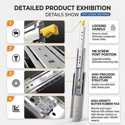 Diagram of Beefy Heavy Duty Full Extension Ball Bearing Drawer Slides Pair with locking mechanism and key features highlighted.