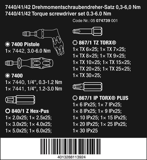 Diagram showing components and torque ranges in the Kraftform Torque Screwdriver Set With Rapidaptor Bitholder, 0.3-6.0 Nm, 27 Pieces.