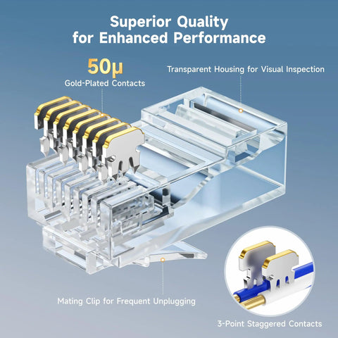 Cat6 RJ45 Modular Plugs With 50 Micron Gold Plating, transparent housing, 3-point contacts, 100 Pack Ethernet Connector Ends