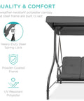 Three Seat Outdoor Canopy Swing Glider with Convertible Flatbed Patio Hammock Comfy Lounge Chair, gray frame and cushions, side view