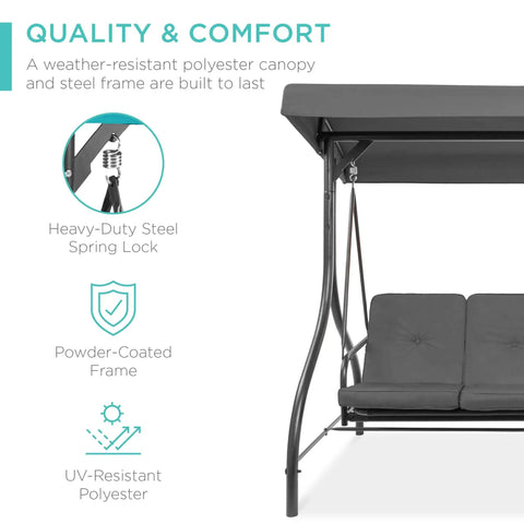 Three Seat Outdoor Canopy Swing Glider with Convertible Flatbed Patio Hammock Comfy Lounge Chair, gray frame and cushions, side view