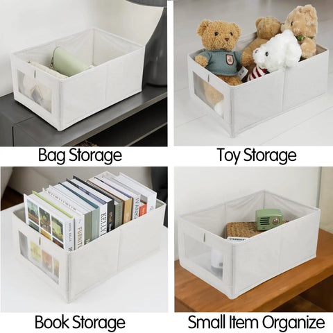 4 Pack Linen Storage Bins With See Through Window For Closet Organization, showing bins for bags, toys, books, and small items.
