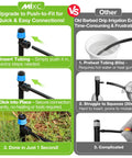 Comparison of Quick Connect Drip Irrigation Emitters with traditional emitters showing easy push-fit setup vs time-consuming installation